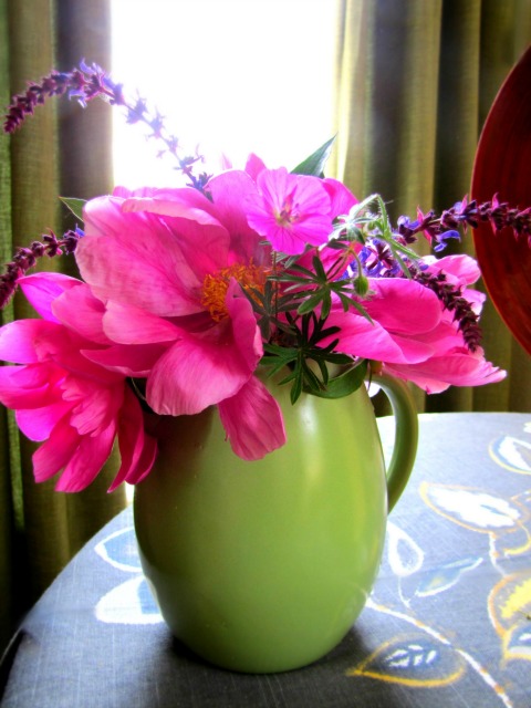 yard flowers peonies, scented geranium, and russian sage